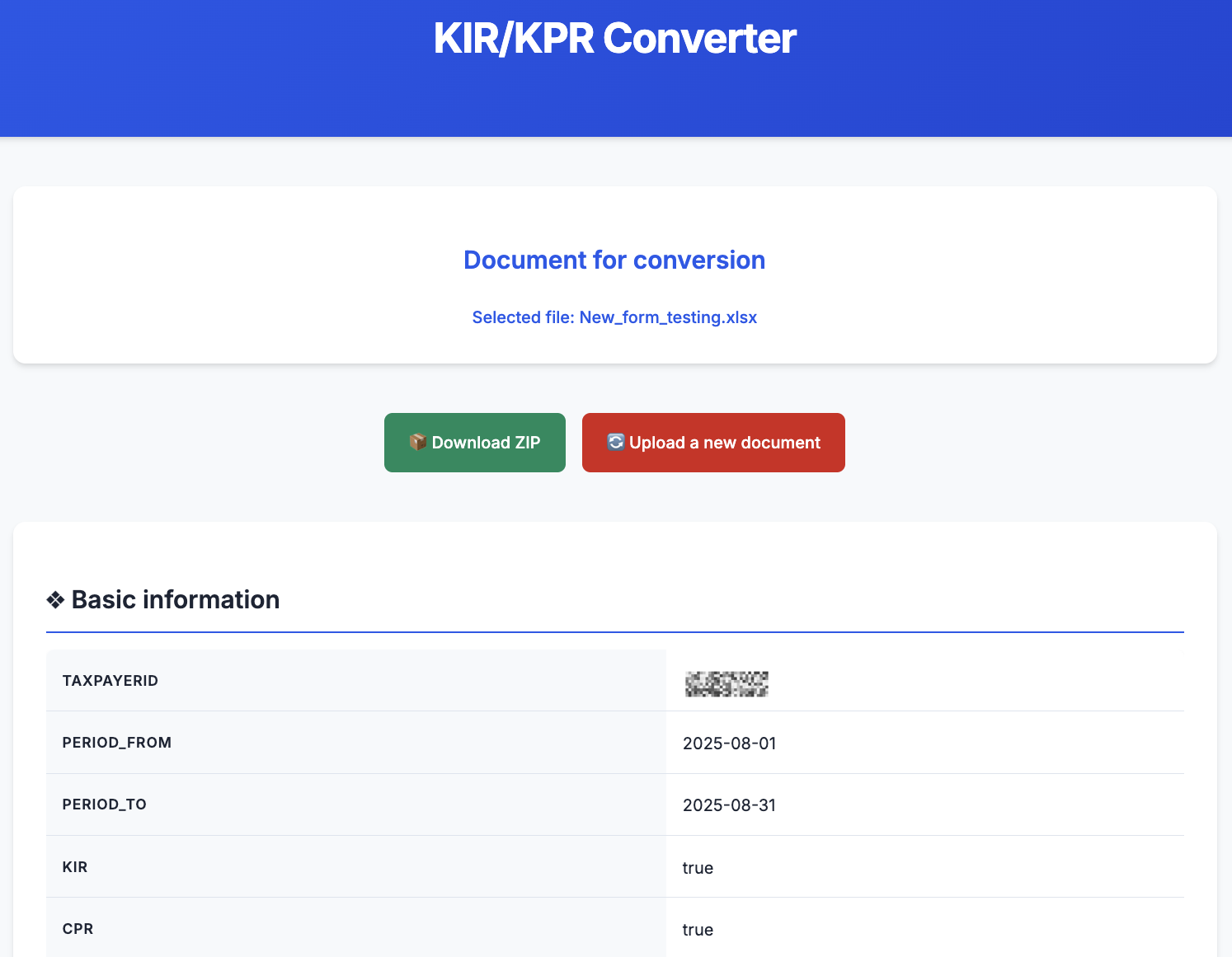 Screenshot of VAT tool upload portal, with .xlsx form uploaded.